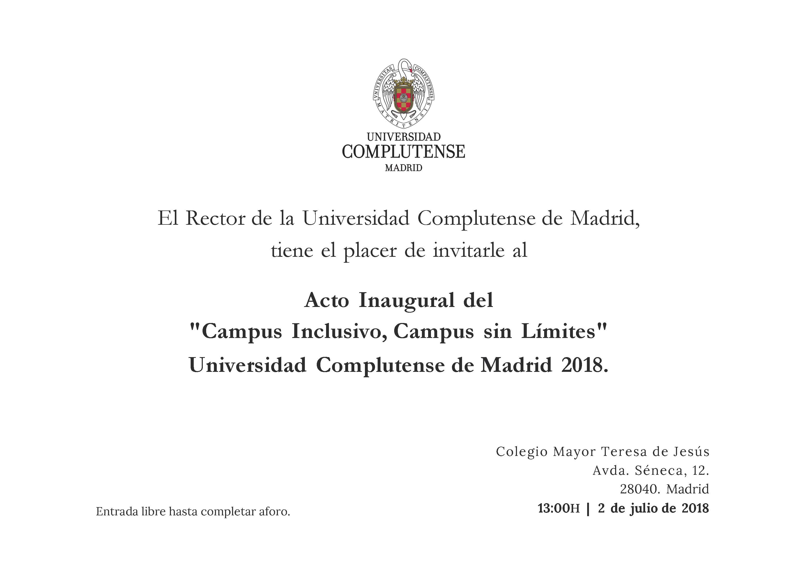 Invitación al Acto de Inauguración del  ‘Campus inclusivo. Campus sin límites’ de la Universidad Complutense de Madrid 2018